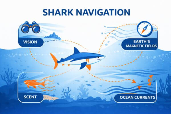 Shark navigation through the ocean currents