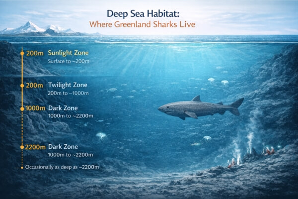 Diagram showing deep sea habitat where Greenland sharks live