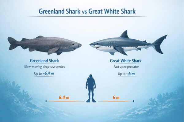 Greenland shark vs great white shark size and body comparison