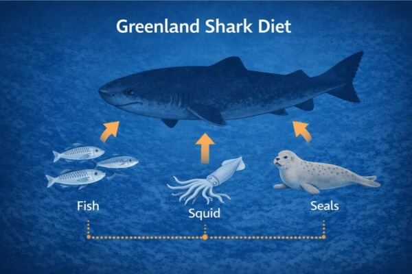 Illustration of Greenland shark diet including fish seals and squid